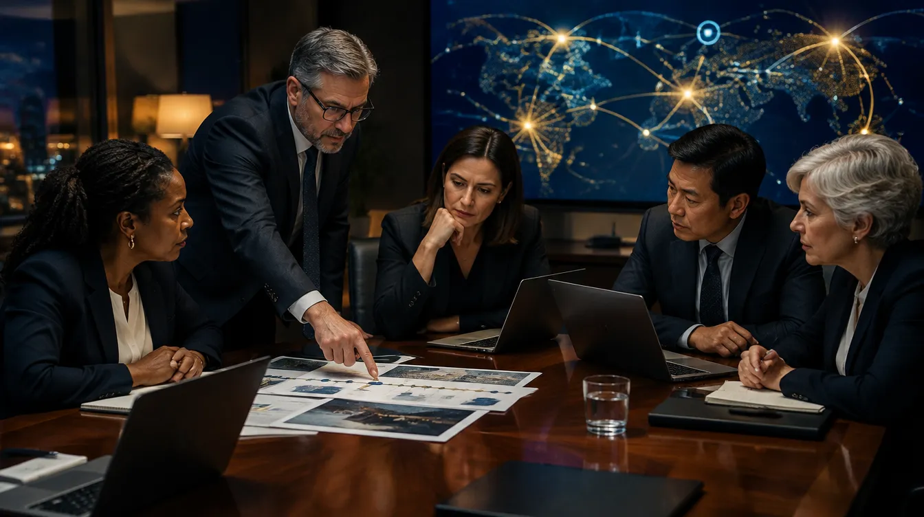 Illustration: leaders around a conference table working through a ransomware tabletop exercise